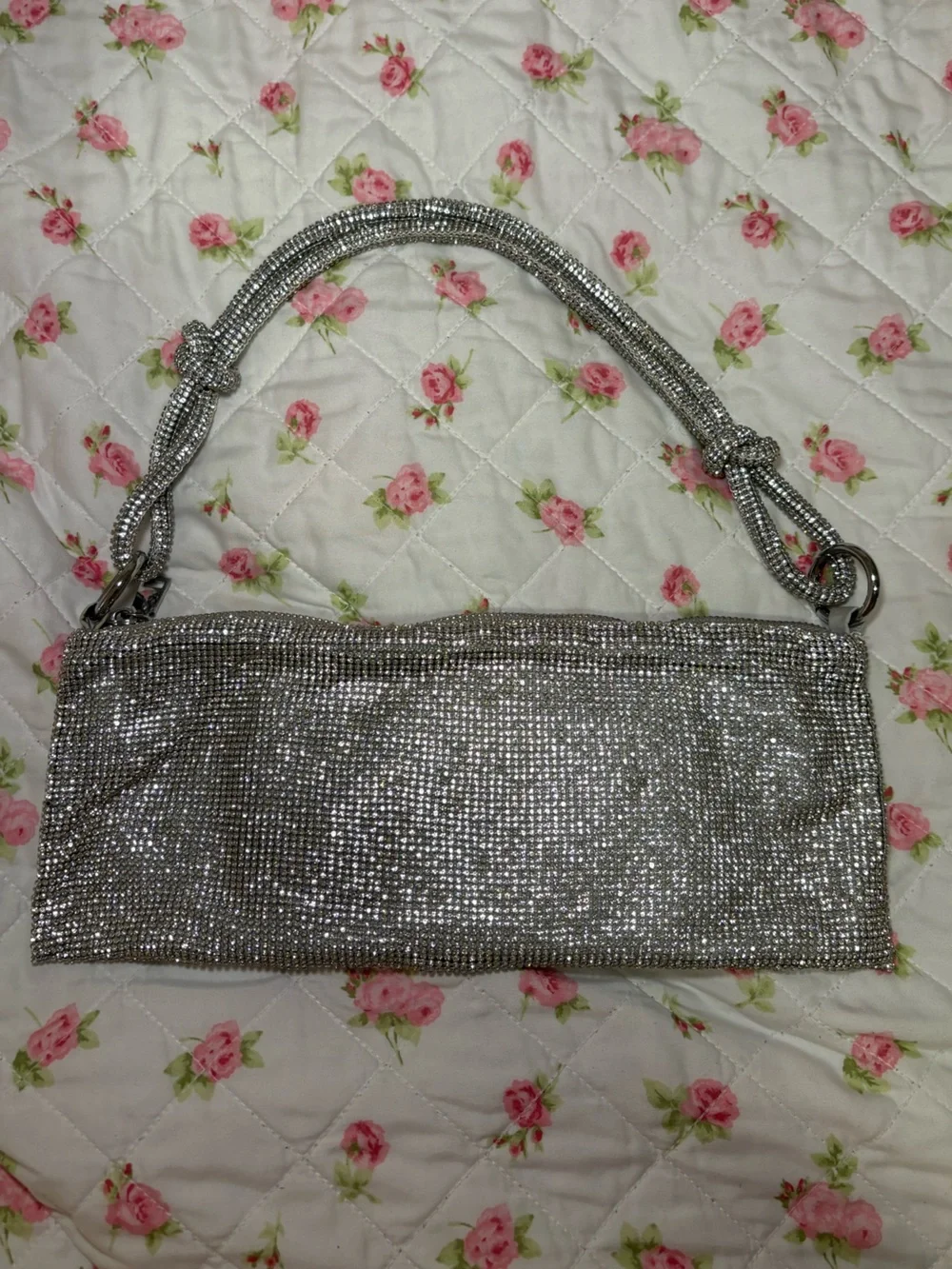 Silver Crystal Evening Clutch Bag with Knotted Strap